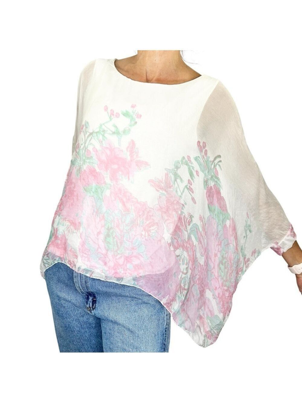 Elena Baldi Italian silk oversized white pink floral boxy flowy dolman top S